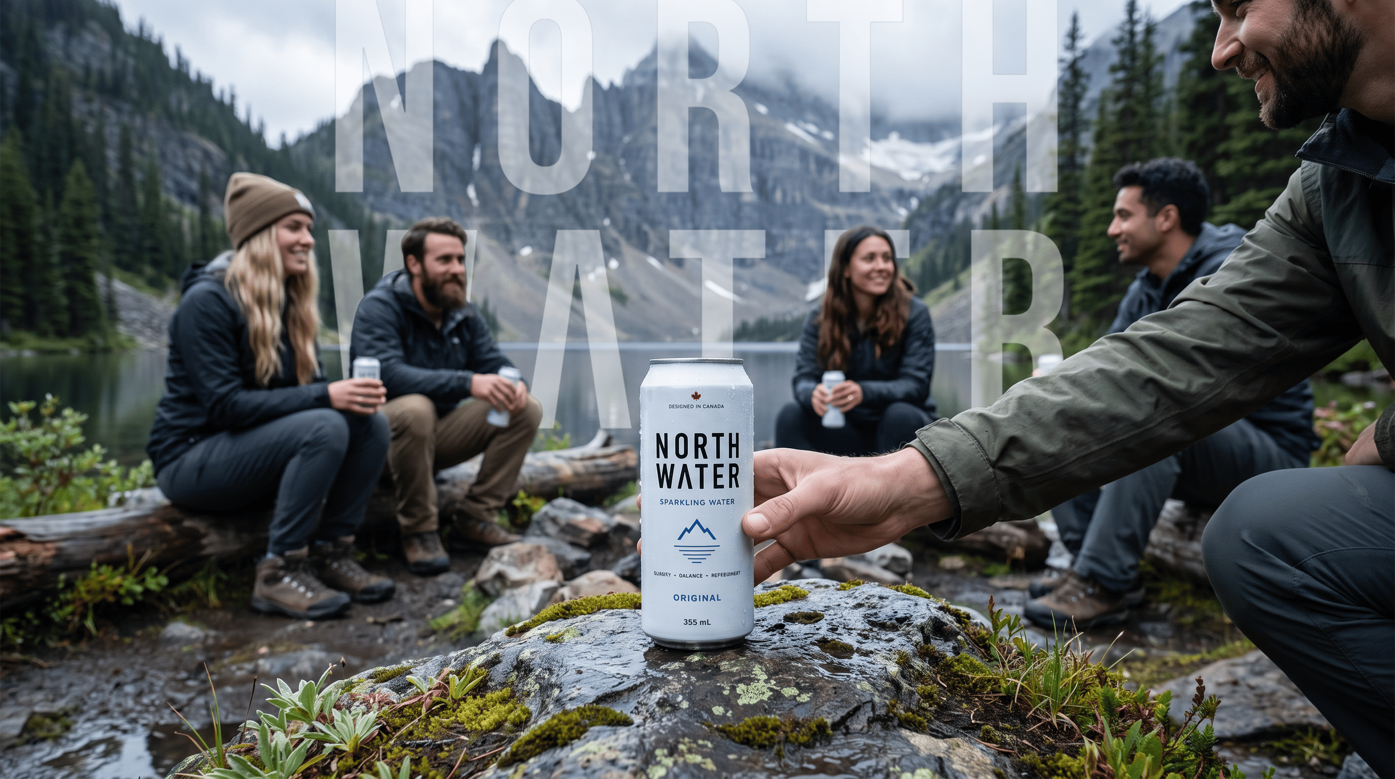 NORTH WATER concept visual showing a sparkling water can at a mountain lake